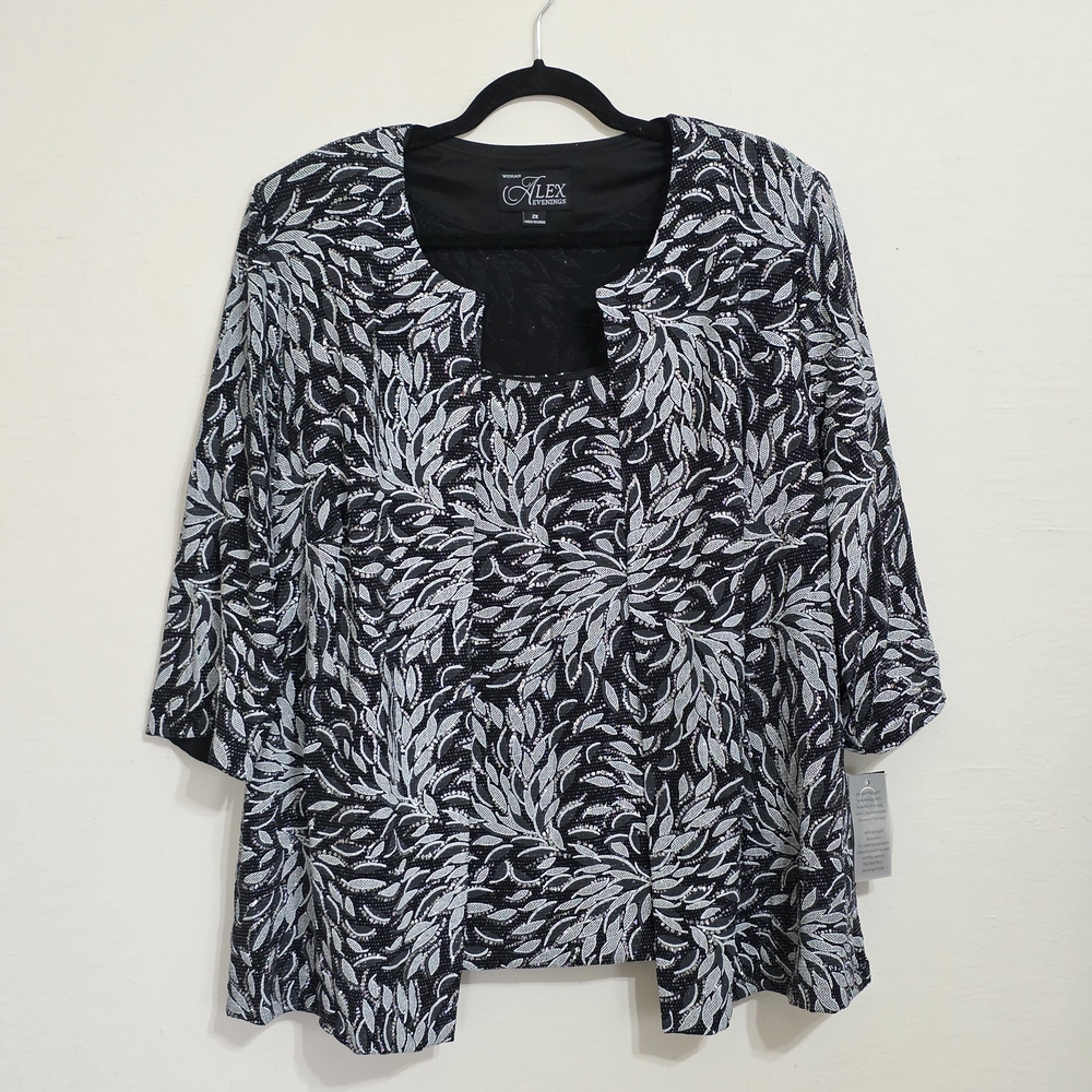 Alex Evenings Black and White Leaf Print Blouse